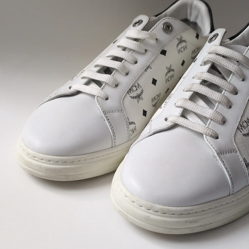MCM Terrain Monogram Derby White Black Lace Up Leather Sneaker EU 42/US 9 In Box